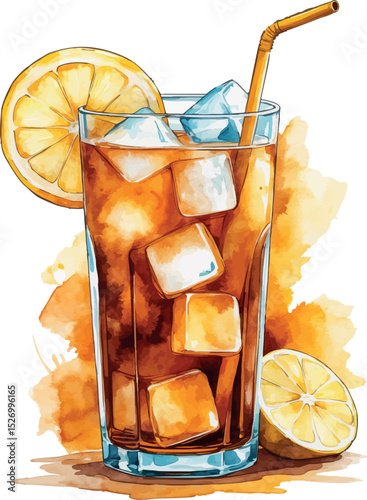Watercolor iced tea vector. Refreshing drink illustration with lemon and ice in glass.