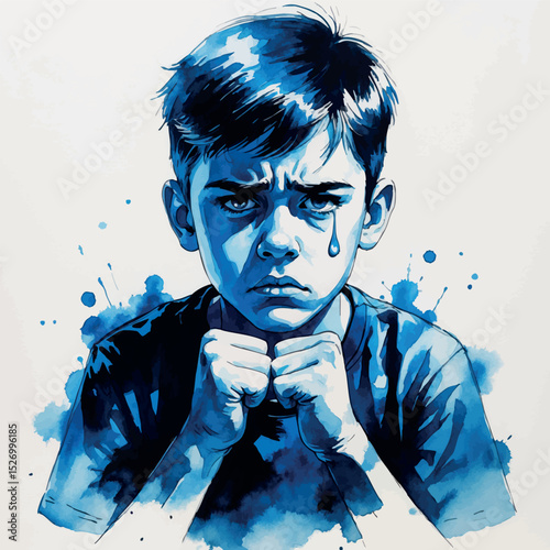 Angry tear portrait. Watercolor boy with mixed emotion and tension.