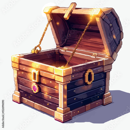Pixel treasure chest vector. Watercolor fantasy item with glow and wood texture.
