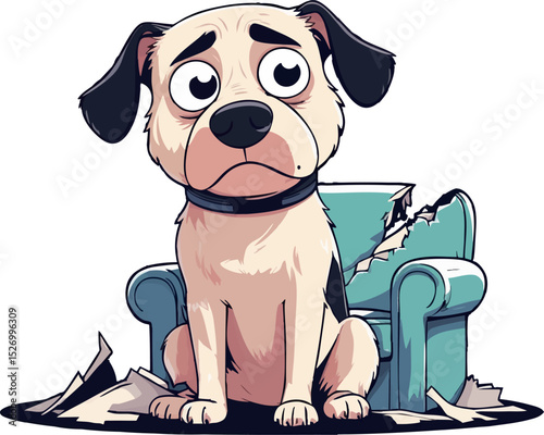 Guilty dog sitting next to destroyed couch – funny cartoon vector illustration