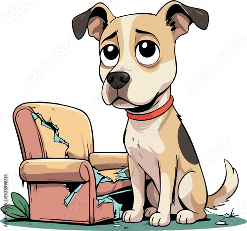 Guilty dog sitting next to destroyed couch – funny cartoon vector illustration