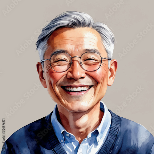 Elderly Asian man with glasses. Watercolor portrait full of kindness and wisdom.