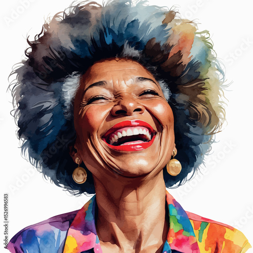 Laughing Black elderly woman. Watercolor portrait with joyful flair and color.