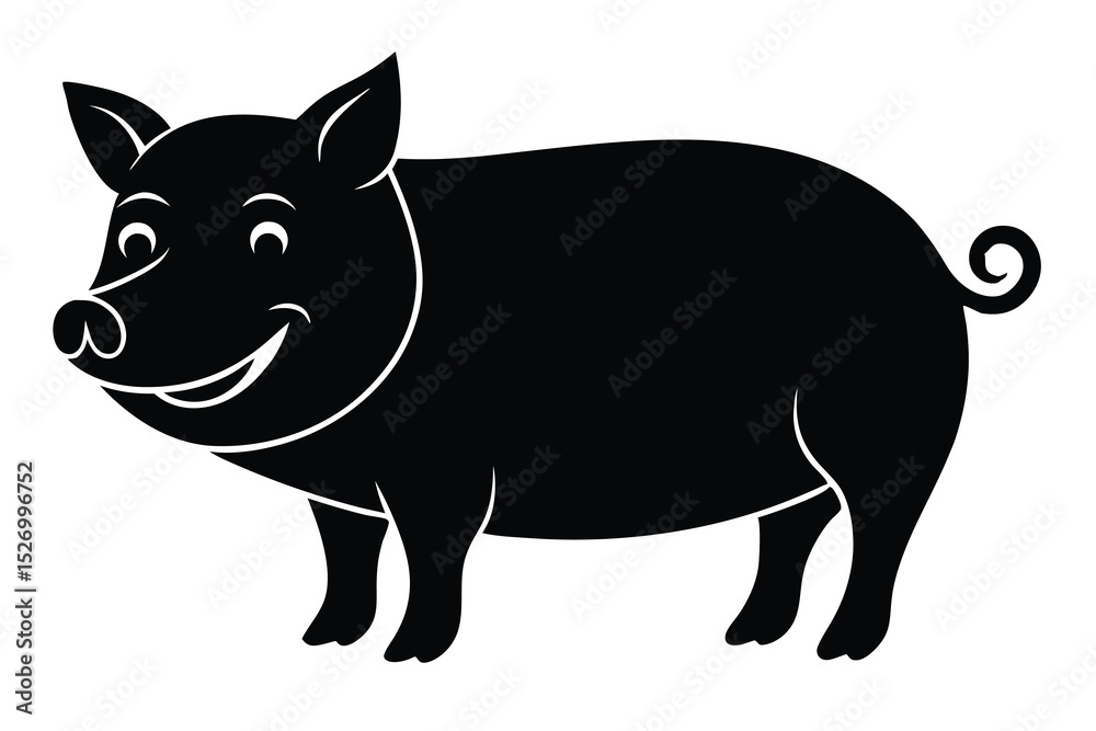 Fototapeta premium Cartoon Pig Illustration Smiling Black Pig Silhouette with Curly Tail and White Outline