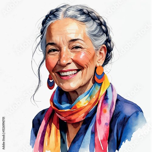 Elderly woman with braids. Watercolor senior portrait with colorful style and warm expression.