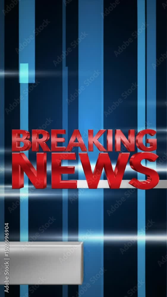 a dynamic television broadcast ident graphic features bold, vibrant metallic red 'breaking news' text centered on an abstract digital background of electric blue and deep navy lines with rapid light