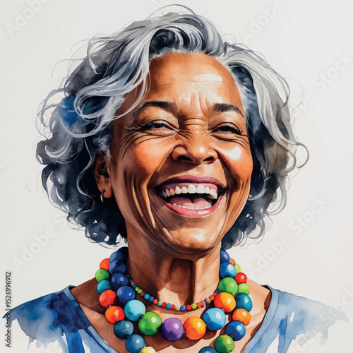 Laughing Black senior woman. Watercolor portrait with joyful spirit and cultural style.
