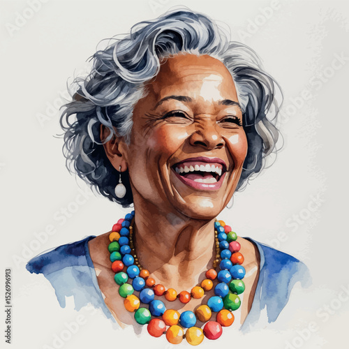 Laughing Black senior woman. Watercolor portrait with joyful spirit and cultural style.