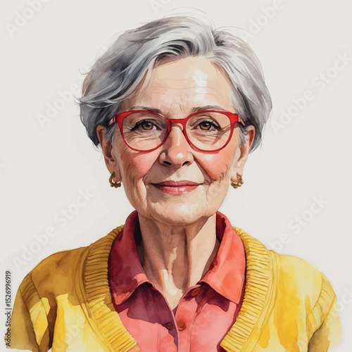 Stylish senior woman vector. Watercolor portrait with bright colors and modern look.
