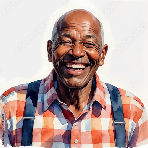 Laughing senior man portrait. Watercolor elder with vivid smile and casual clothes.