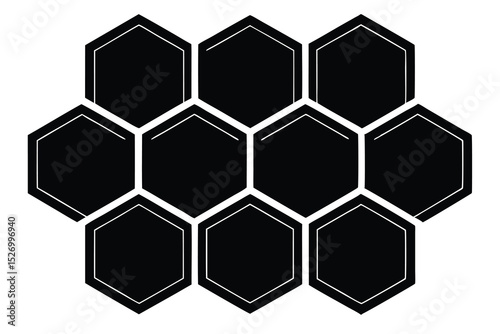 Collection of Eleven Hexagon Shapes in a Honeycomb Structure, Black with White Outlines