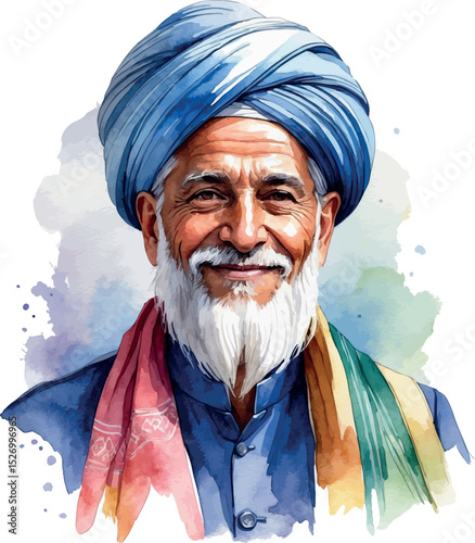 Elderly man with turban. Watercolor portrait with peaceful smile and heritage detail.