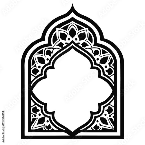 Decorative Black and White Floral Archway Frame with Intricate Details and Empty Center