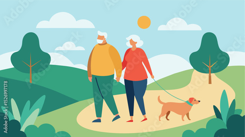 An elderly couple walking their dog through a peaceful nature trail the fresh air and gentle exercise benefiting both their physical and mental health.. Vector illustration
