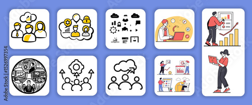 Vector set of 30 colorful business concept illustrations covering teamwork, analytics, growth, content, cloud, and customer support or professionals in digital content creation and management. A conte