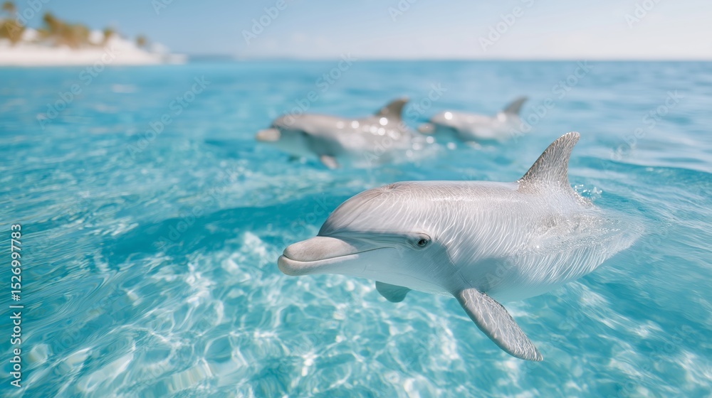 Obraz premium A pod of dolphins swims playfully through crystal-clear turquoise water near a tropical coastline. The lead dolphin emerges closest to the camera, offering a joyful, serene composition nature