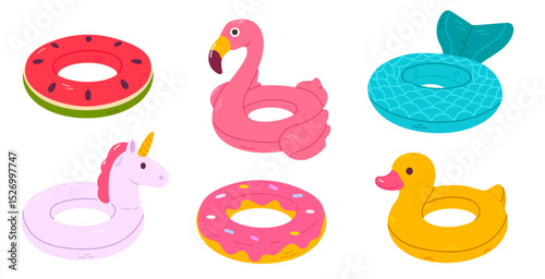 Set of six colorful inflatable pool floats shaped like flamingo, unicorn, duck, watermelon, donut, and mermaid tail, perfect for summer designs and kids' graphics