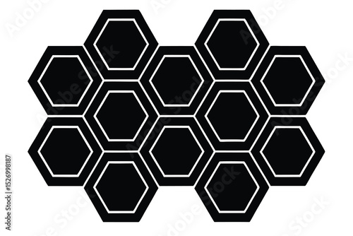 Interconnected Black Hexagons with White Borders Arranged in a Cluster on a White Background