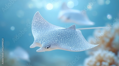 A graceful eagle ray with white spots glides through clear blue ocean water, creating a serene and majestic underwater moment. Great for marine biology, ocean conservation, or fantasy aquatic scenes
