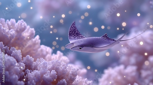 A vibrant purple eagle ray swims above dreamy violet coral formations with sparkling particles suspended in the water. This fantasy-inspired underwater artwork evokes magic and ocean wonder