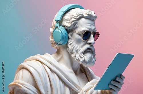 Ancient statue of philosopher wearing headphones and sunglasses while using a tablet in a modern setting