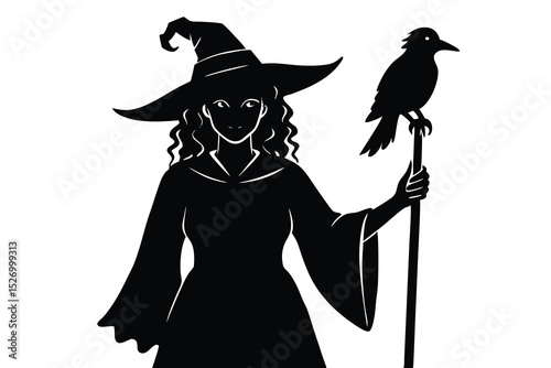 Silhouette Illustration Elegant Witch Holding Staff Topped With Raven, Wearing Traditional Pointed Hat