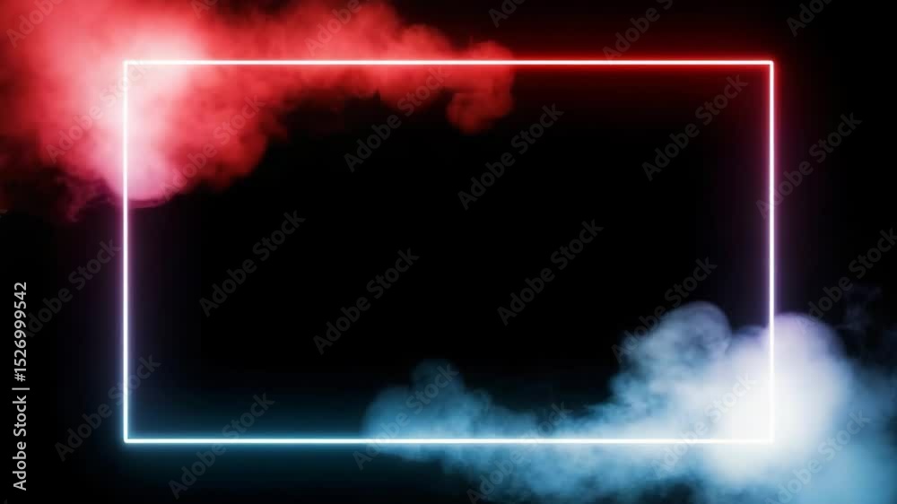 Fondo negro abstracto con marco de neón y humo rojo y azul

