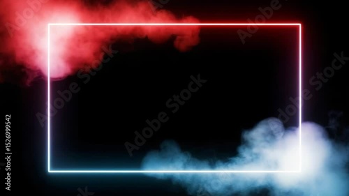 Fondo negro abstracto con marco de neón y humo rojo y azul

