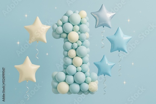 A playful balloon sculpture shaped as the number one, crafted from pastel blue and cream round balloons, surrounded by metallic star balloons against a baby blue background. Perfect for first birthday
