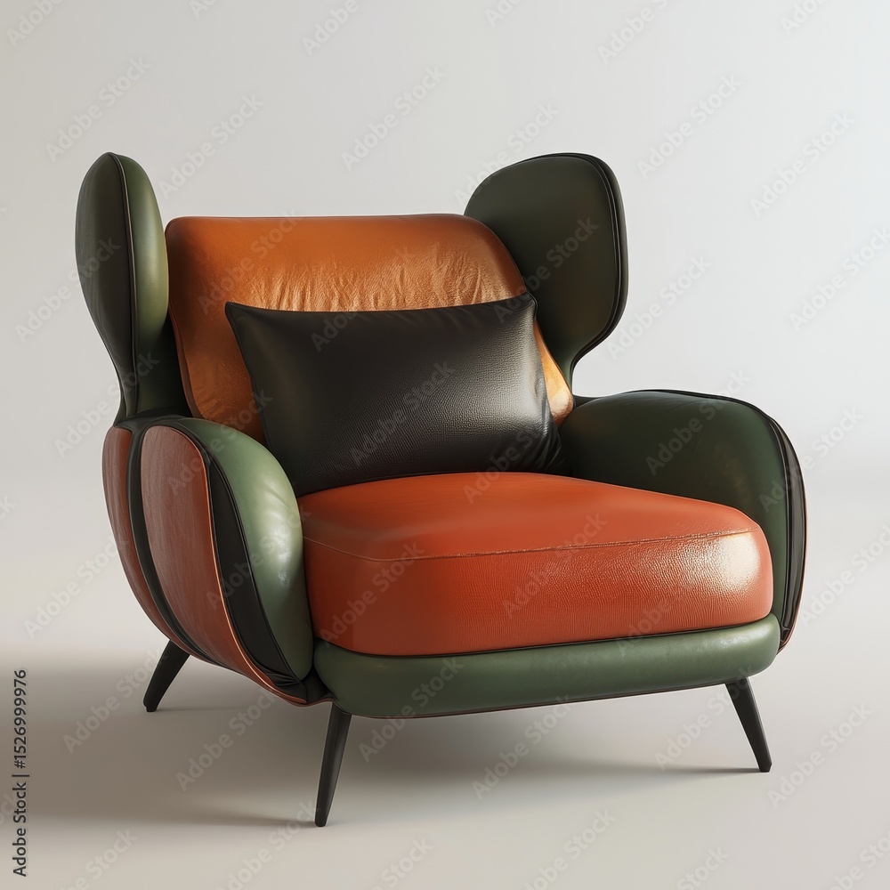 Modern Wingback Chair with Leather Upholstery and Black Pillow Accent Modern Wingback Chair with Leather Upholstery and Black Pillow Accent