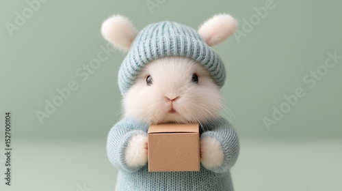 A fluffy white bunny wearing a cozy blue knit sweater and beanie holds a small cardboard box with tiny paws. Packing, delivery service, present gift box personality