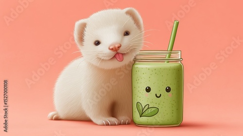 An animated-style ferret happily poses next to a jar of green smoothie with a smiling face on the cup. The coral pink background adds energy and charm, perfect for healthy lifestyle, wellness, diet
