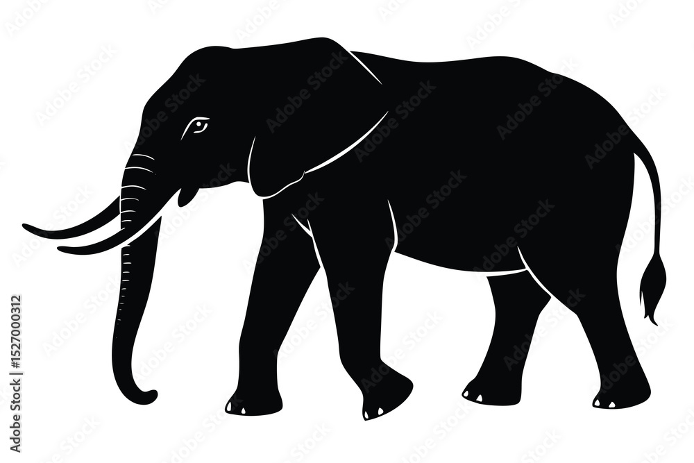 Fototapeta premium Silhouette of a Majestic African Elephant Walking, Standing Out Against a Plain White Background