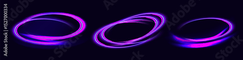 Circular light purple and blue lines, speed or trail. Curved line light effect. Purple and blue portal or magic tunnel. Neon set swirl. Vector illustration.