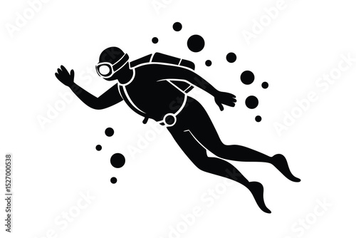 Silhouette of a Scuba Diver Swimming Underwater with Bubbles in Black and White