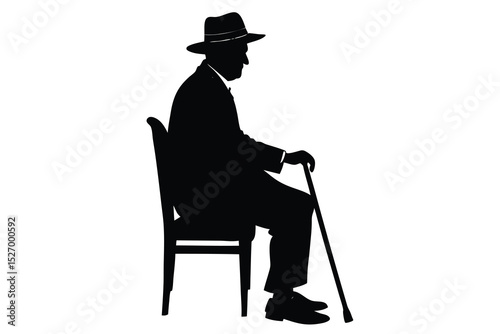 Silhouette of a Senior Man in a Hat Seated with Cane on a Chair