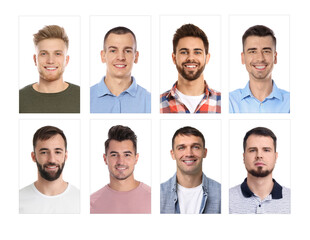 Photos of different men for passport or other identification document on white background, set