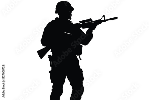 Silhouette of a Soldier Aiming Rifle with Scope and Helmet on White Background