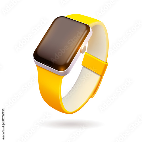 A stylish smart watch featuring a vibrant yellow band set against a pristine white background, perfect for fashion and function alike