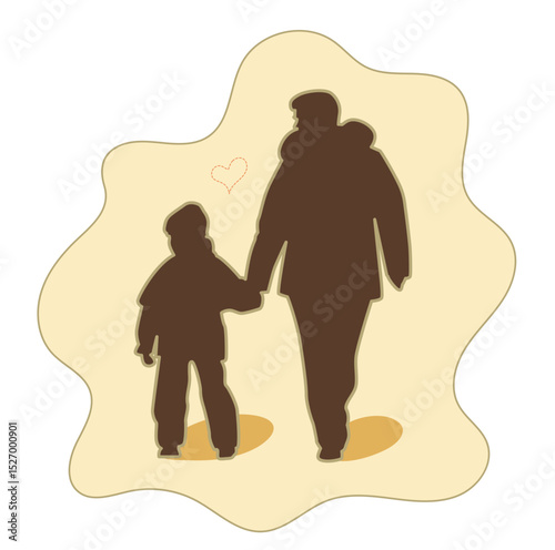 Silhouette of adult and child holding hands, walking together, simple flat style illustration on soft yellow background.