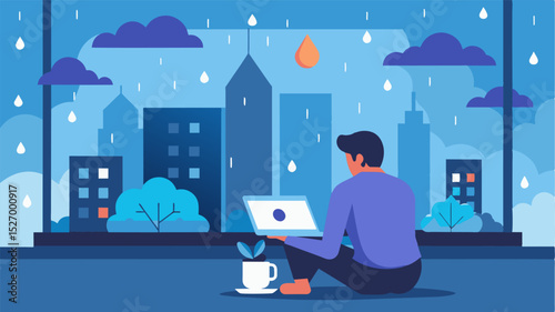 Raindrops create a soothing backdrop as a person cozies up on their balcony with a laptop a cup of tea and a picturesque view of the city below.. Vector illustration