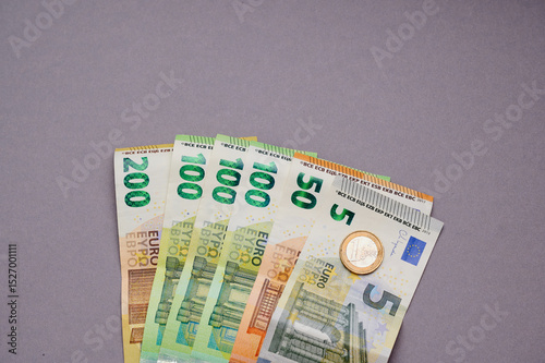 Various denominations of euro banknotes displayed on a gray surface showcasing the amount of 556 Euro which can be earned as minijob in Germany