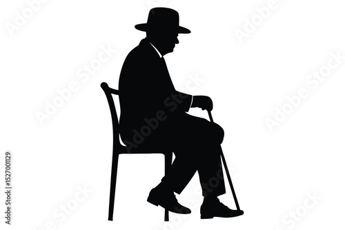 Silhouette of an Elderly Man Sitting on a Chair with a Cane and Hat