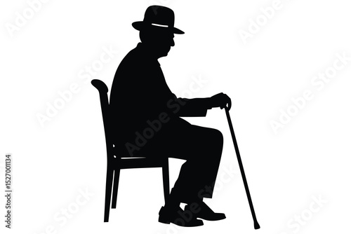 Silhouette of an Elderly Man Seated on a Chair with a Walking Stick