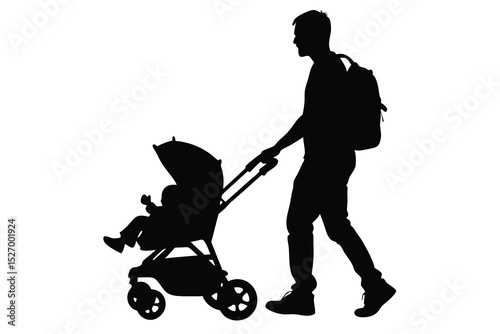 Silhouette of Father Pushing Baby Stroller with Backpack Isolated on White Background