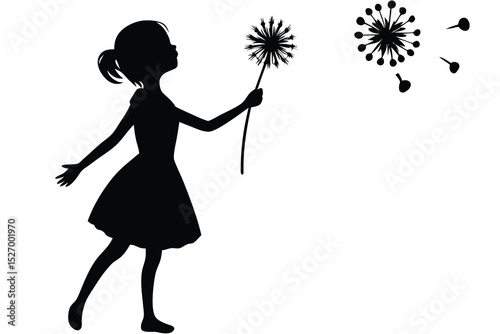 Silhouette of Girl Blowing Dandelion Seeds, Isolated Illustration, White Background
