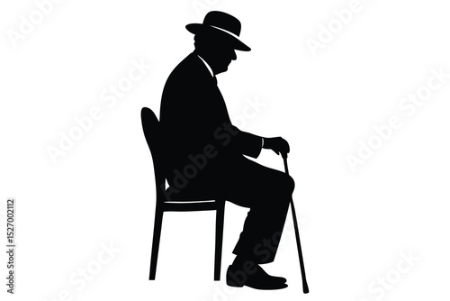 Silhouette of Man in Suit and Hat Seated with Cane on White Background