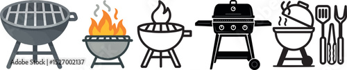 Line art of backyard grilling appliances in various styles.vector
