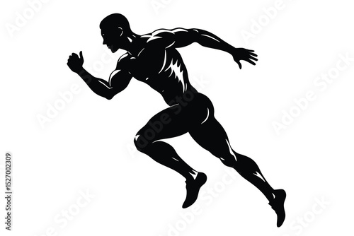 Silhouette of Muscular Man Running in a Race, Black on White Background, Full Body View