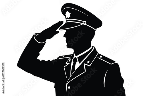Silhouette of Saluting Military Officer Wearing a Uniform and Cap with Star